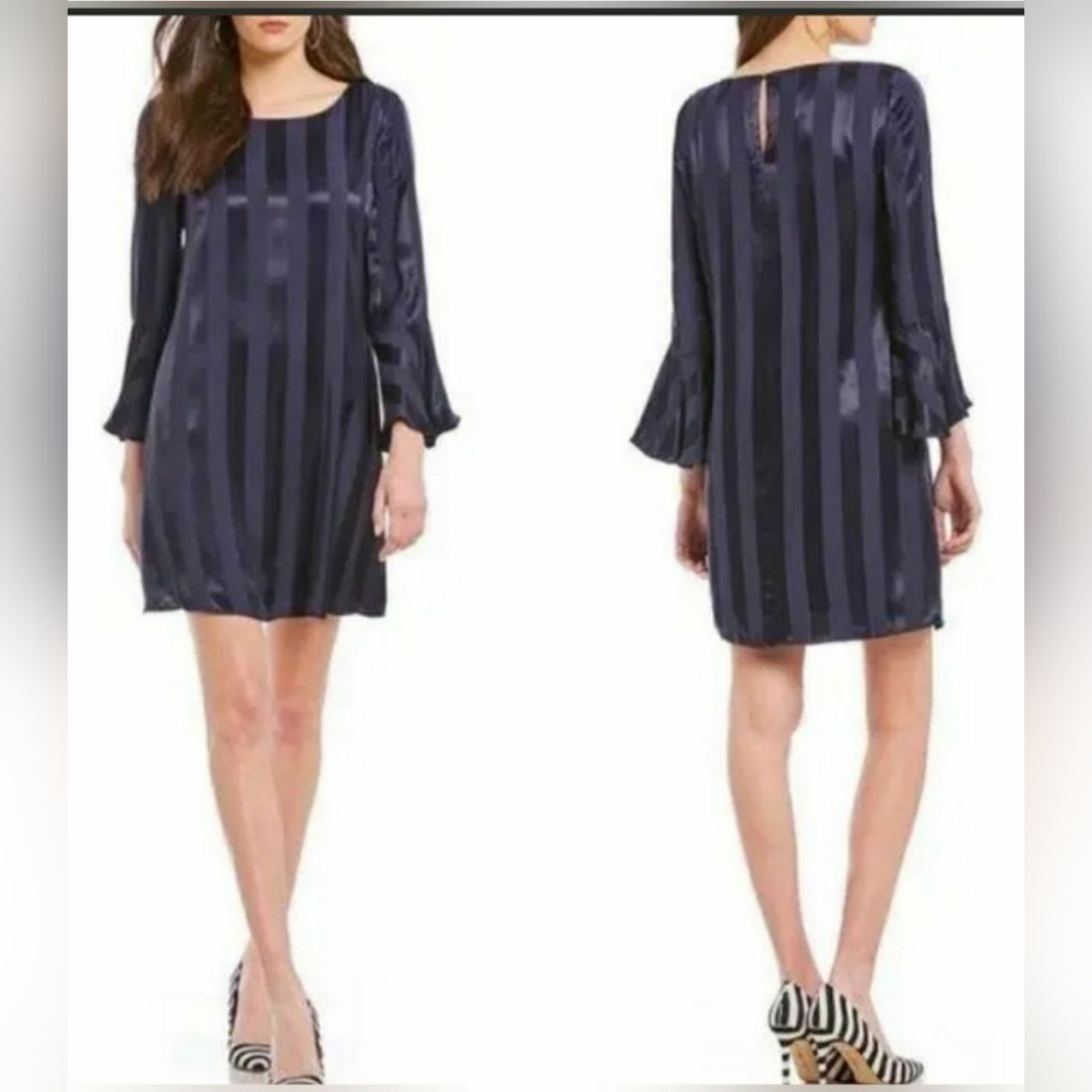 NWT Cremieux M Navy Blue Selina Satin Striped Tulip Dress Bell Sleeves Elegant